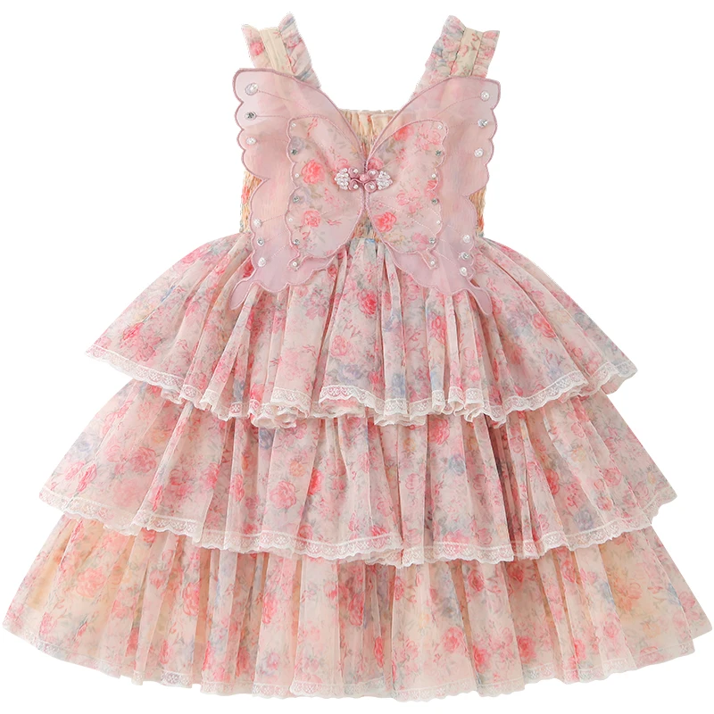 Summer Kids Girl Multi-Layered Ruffle Dress with Butterfly for Baby Princess Tiered Cake Dresses Child Cute Wedding Party Outfit view 5