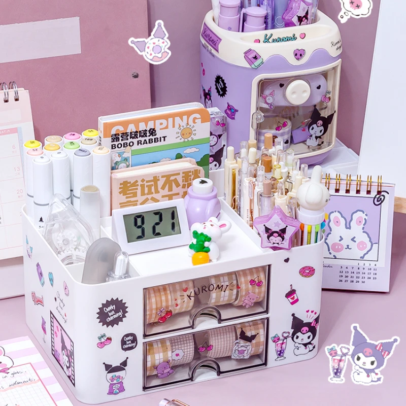 Sanrio Cute Pen Holder Storage Box Organizer Kawaii Large Capacity Drawer Desktop Kuromi Melody Cinnamoroll Stationery Storage