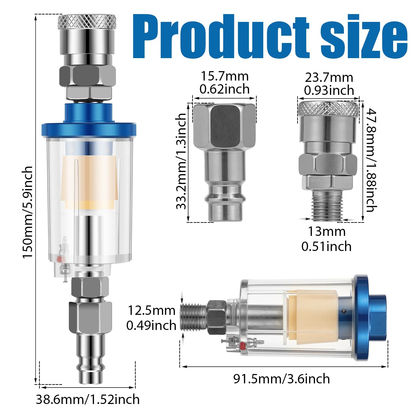 1/4 Inch Inline Air Oil Water Separator Filter with Euro Quick Coupler for Paint Spray Gun Pneumatic Compressor Moisture Trap - view 2