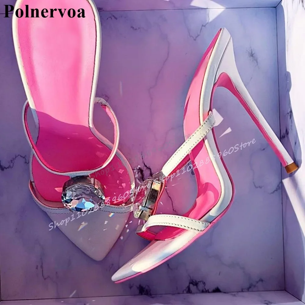 

Nude Crystal Narrow Strip Pointy Slippers Stilettos High Heel Shoes For Women Slip On Open Toe Casual Party Women Slippers