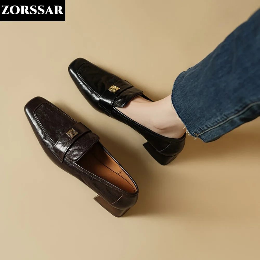 

2024 Genuine Leather Square Toe Women Flat Shoes Spring Autumn Classic Ladie Flats Black Brown All Match Soft Boat Shoes Loafers