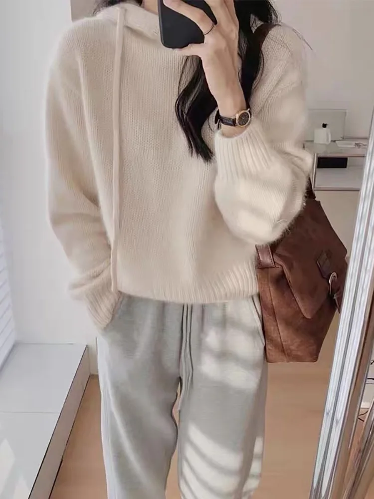 

Women's Loose 100% Cashmere Hooded Pullover Sweater Comfortable Lazy Hoodie Bottoming Top for Autumn And Winter