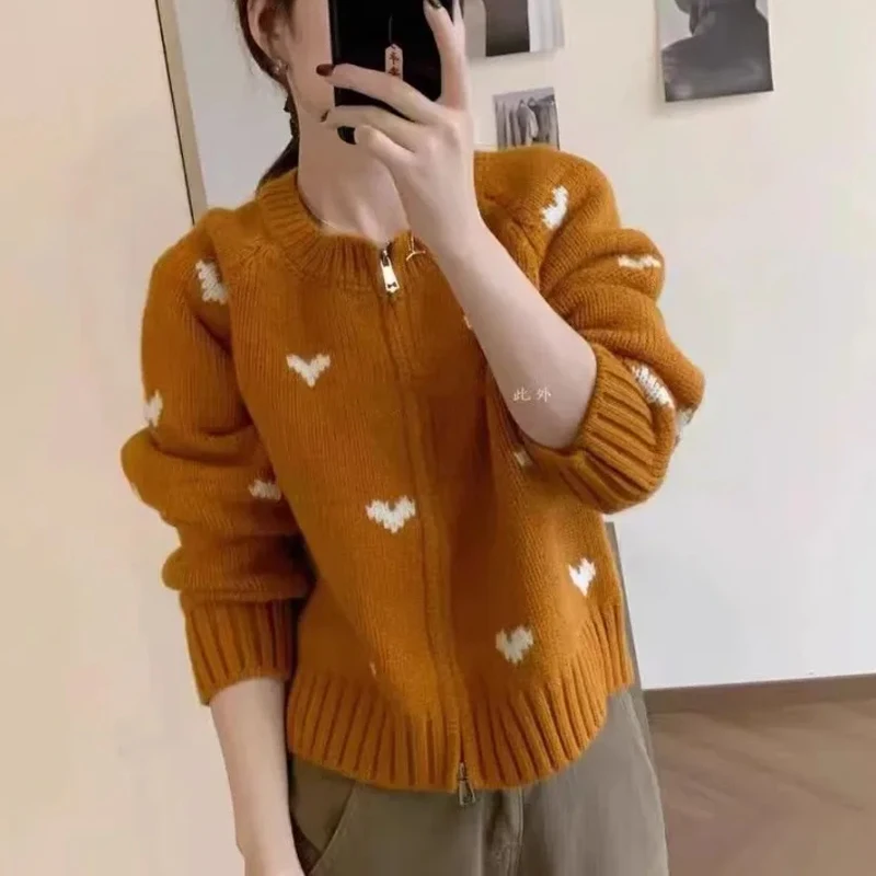 جديد الخريف/الشتاء جولة الرقبة سستة المرأة سترة الحلو شيك الحلو سترة القلب نمط محبوك سترة بأكمام طويلة فضفاضة