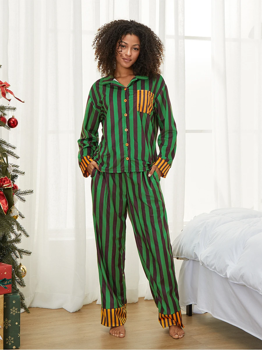 Women Christmas Striped Pajama Sets Long Sleeve Button Down Shirt and Pants Set Loungewear Holiday 2 Piece Pjs