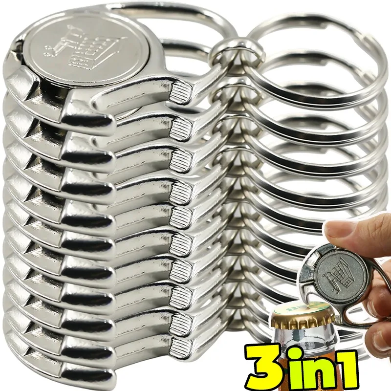 Shopping Cart Token Keychain Bottle Opener Magnetic Removable Alloy Silver Portable Key Ring Tool for Grocery Travel Camping