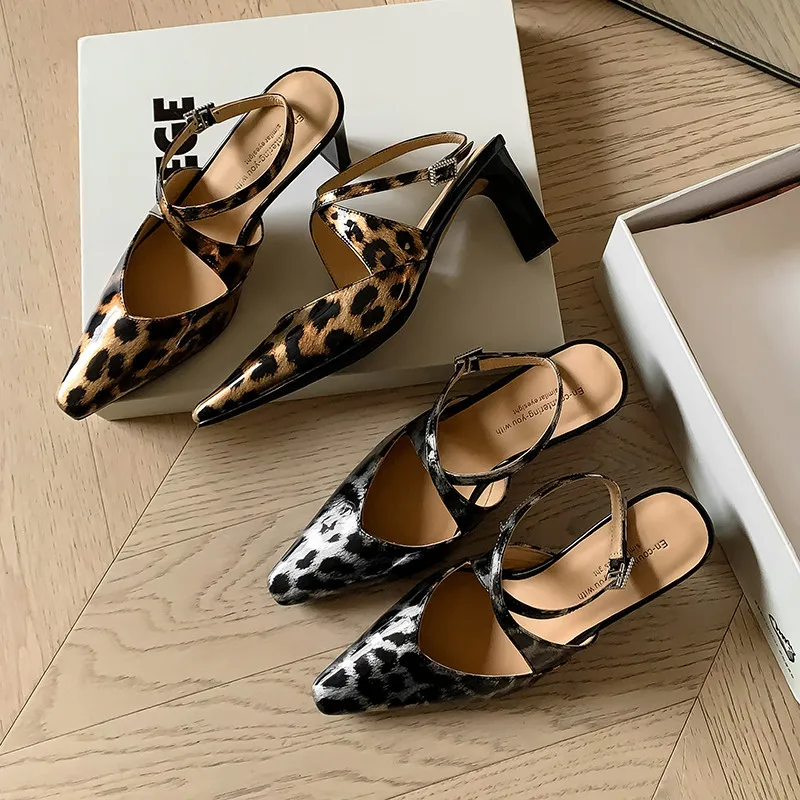 

MKKHOU модные туфли-лодочки, новые высококачественные сексуальные босоножки на высоком каблуке из натуральной кожи с леопардовым узором и перекрестной пряжкой, летняя женская обувь