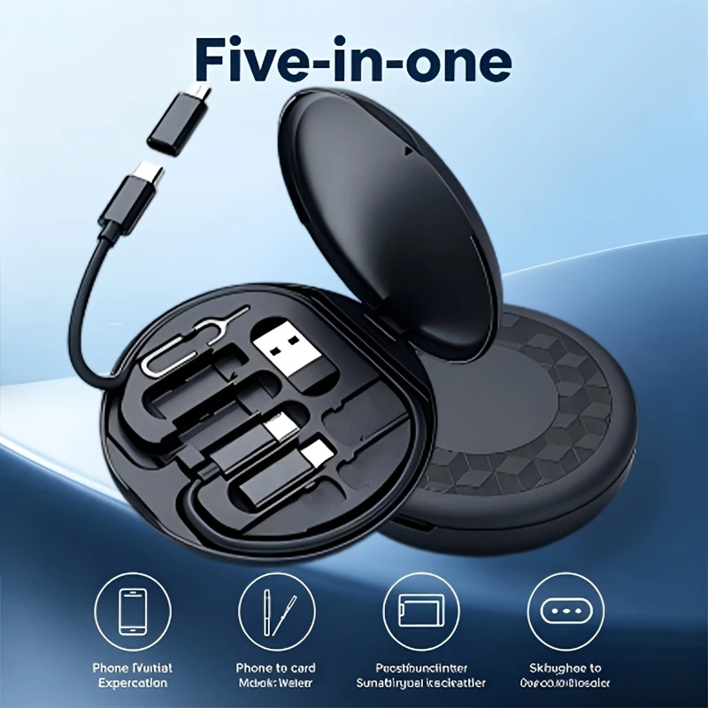 Suitable for Huawei/Apple: 1-to-5 Fast-Charging Cable Organiser – Round, Portable, Multifunctional Charging Cable Set