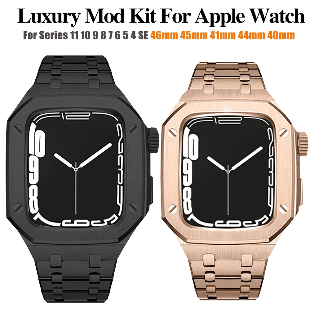 Luxuriöses Edelstahl-Mod-Kit für Apple Watch 11 10 9 8 7 46MM 44/45mm Metallrahmen für iWatch 6 5 4 3 SE 40/41mm Armband-Set – Detail 2