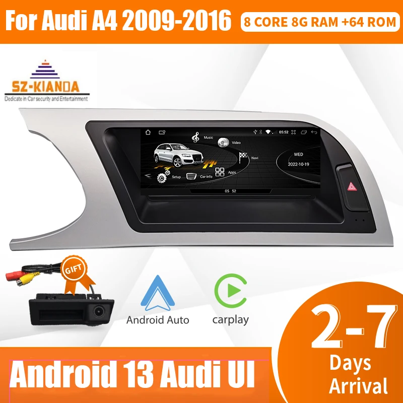 Lecteur de voiture sans fil Carplay Android 13, 8 cœurs, CPU, navigation GPS, Google Play Store, tablette pour Audi A4, B8, 2009-2016