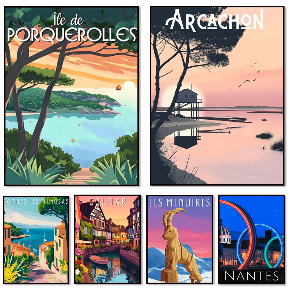Colmar, Alps, Bormes Mimosa, Alpe d'Huez, Vanoise Champagne, Etretat, Porquerolles, Nantes, Les Menuires, Montmartre posters