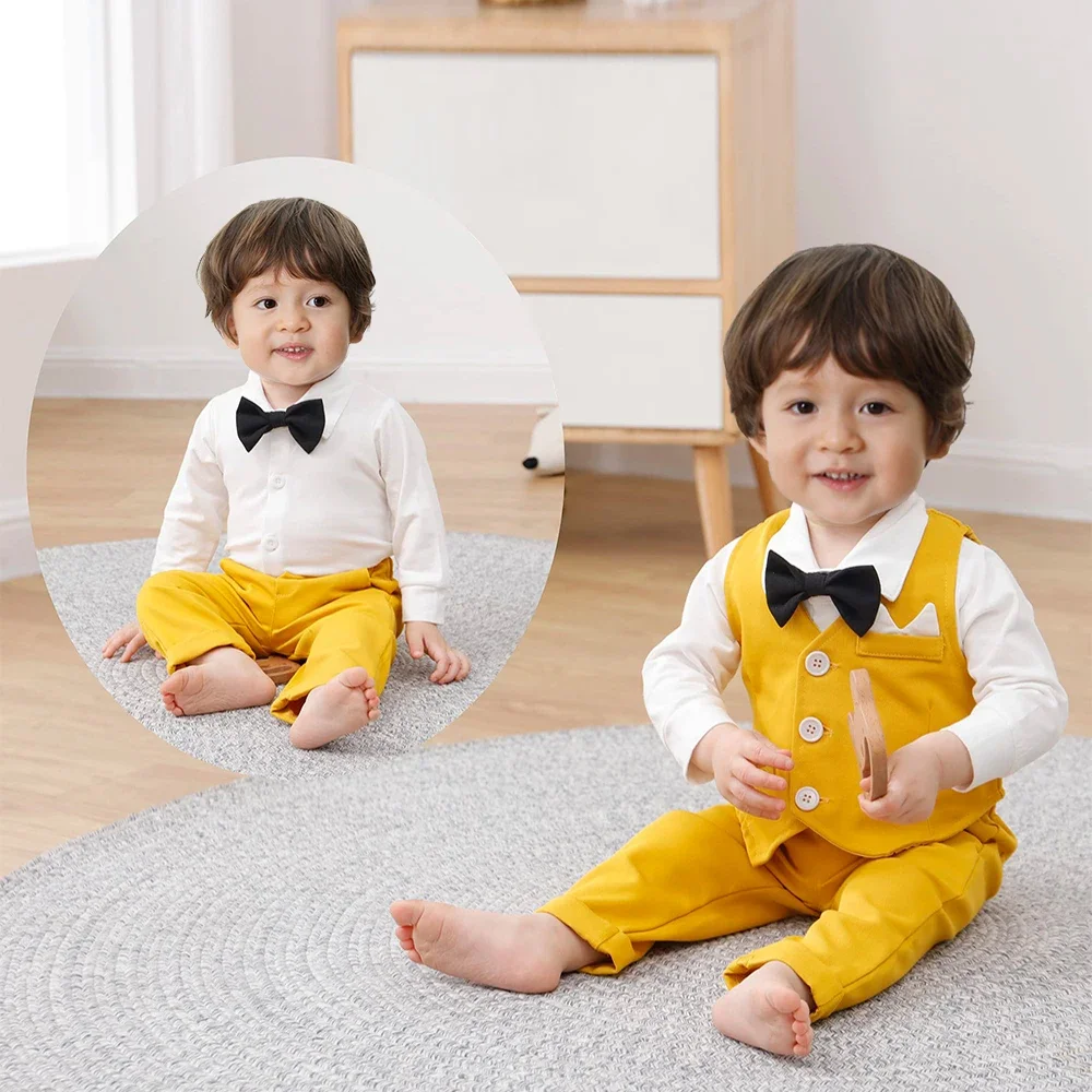 2025 Spring Vest Suit Infant Boy Gentleman Long Sleeve Romper Set Baby 3 6 9 12 18 24M Birthday Party Costume Autumn Clothes