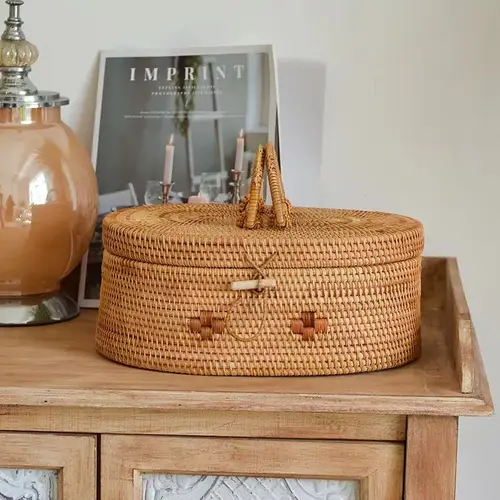 Handwoven Rattan Storage Box with Handle Wicker Ornament Box Tea Set Container Picnic Bread Fruit Cake Basket Kitchen Organizer - Image 2