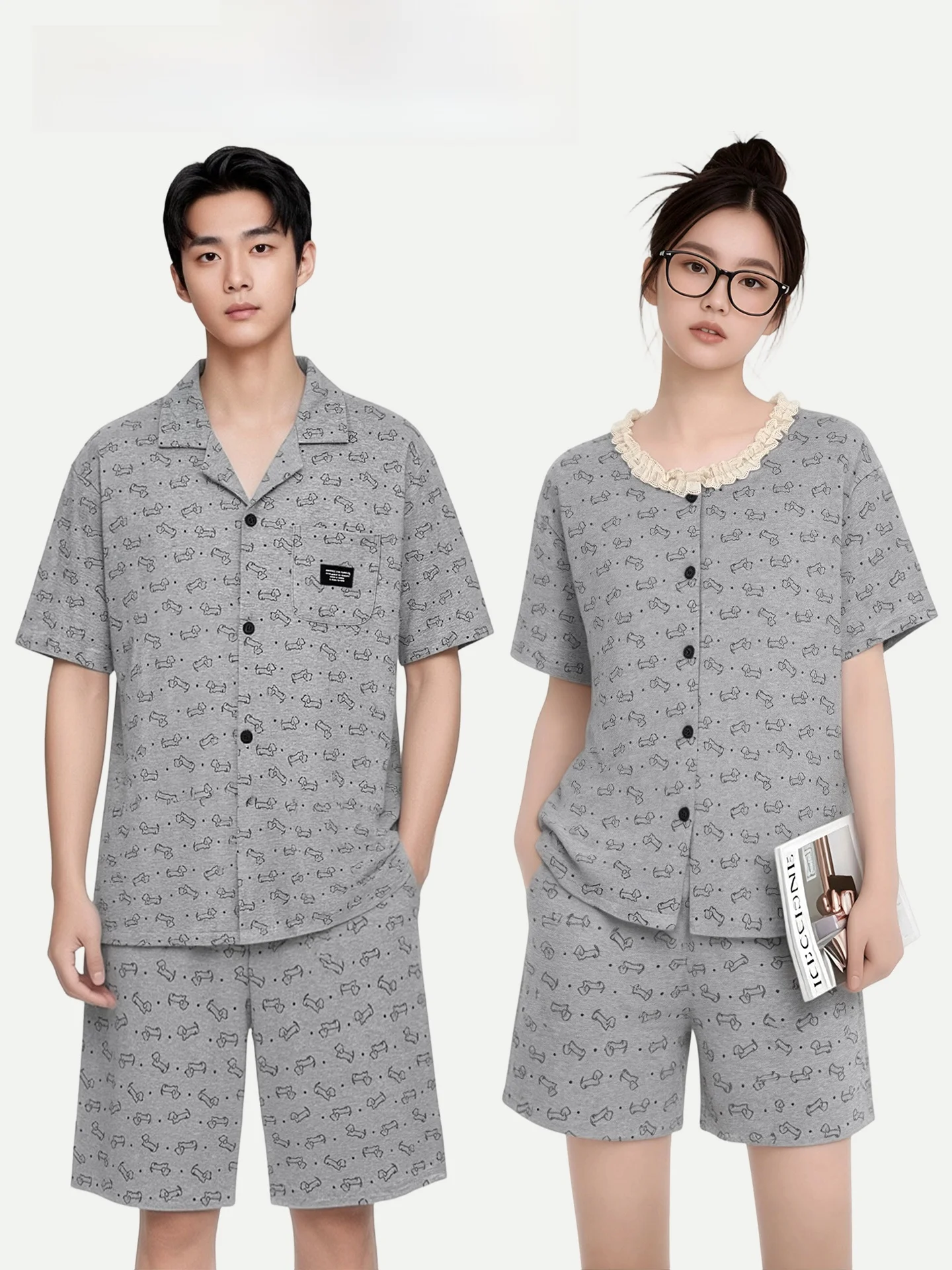 

PinkBread Polka Dot Dog Couple Pajamas Pure Cotton Short Sleeve Women's Grey Summer Outdoor Wearable Home Clothes