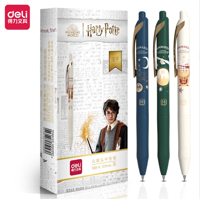 3 ชิ้น Deli S88-H Harry Potter Quick Drying หมวกดึงนักเรียน Neutral ปากกา 0.5 มิลลิเมตรเข็มหมึกสีดํา Kawaii เครื่องเขียน