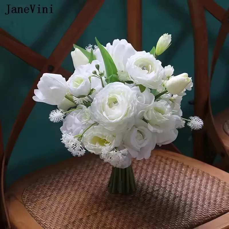 

JaneVini Western Style White Wedding Bouquet De Mariée Rose Artificial Bride Flowers Silk Bridal Bouquets Braut Accessories 2025