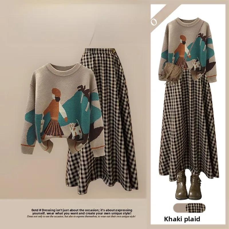 

Faionable Autumnal Women's Outfit Loose Knitted Sweater And High Waist Plaid Skirt Two-Piece Set for Casual Wear