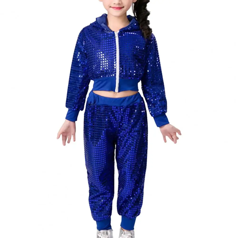 

Children Performance Suit Kids Sequin Suit with Hooded Coat Elastic Waist Pants for Dance Shows Unisex Hop Modern