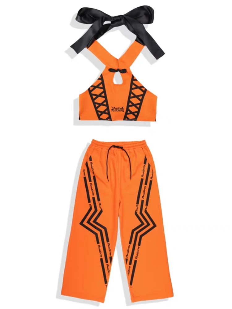 Nieuwe Tieners Kinderen Hiphopkleding Oranje Vest Broek Pak Meisjes Jazz Performance Kostuum Moderne Danskleding Jongens Podiumkleding