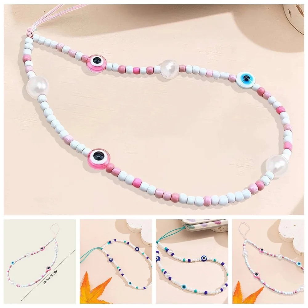 

Devil Eye Blue Evil Eye Phone Chain Vintage Glass Rice Beads Telephone Lanyard Charm Pink Fashion Cellphone Strap Phone Pendant