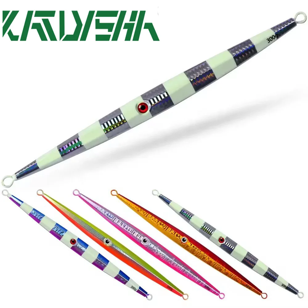 

Jigging Lure Saltwater Jig 60g-300g Long Slim Vertical Fast Jigging 3D Fishing Lures Metal Bait Boat Sea Tuna Lure 5colors 1pc
