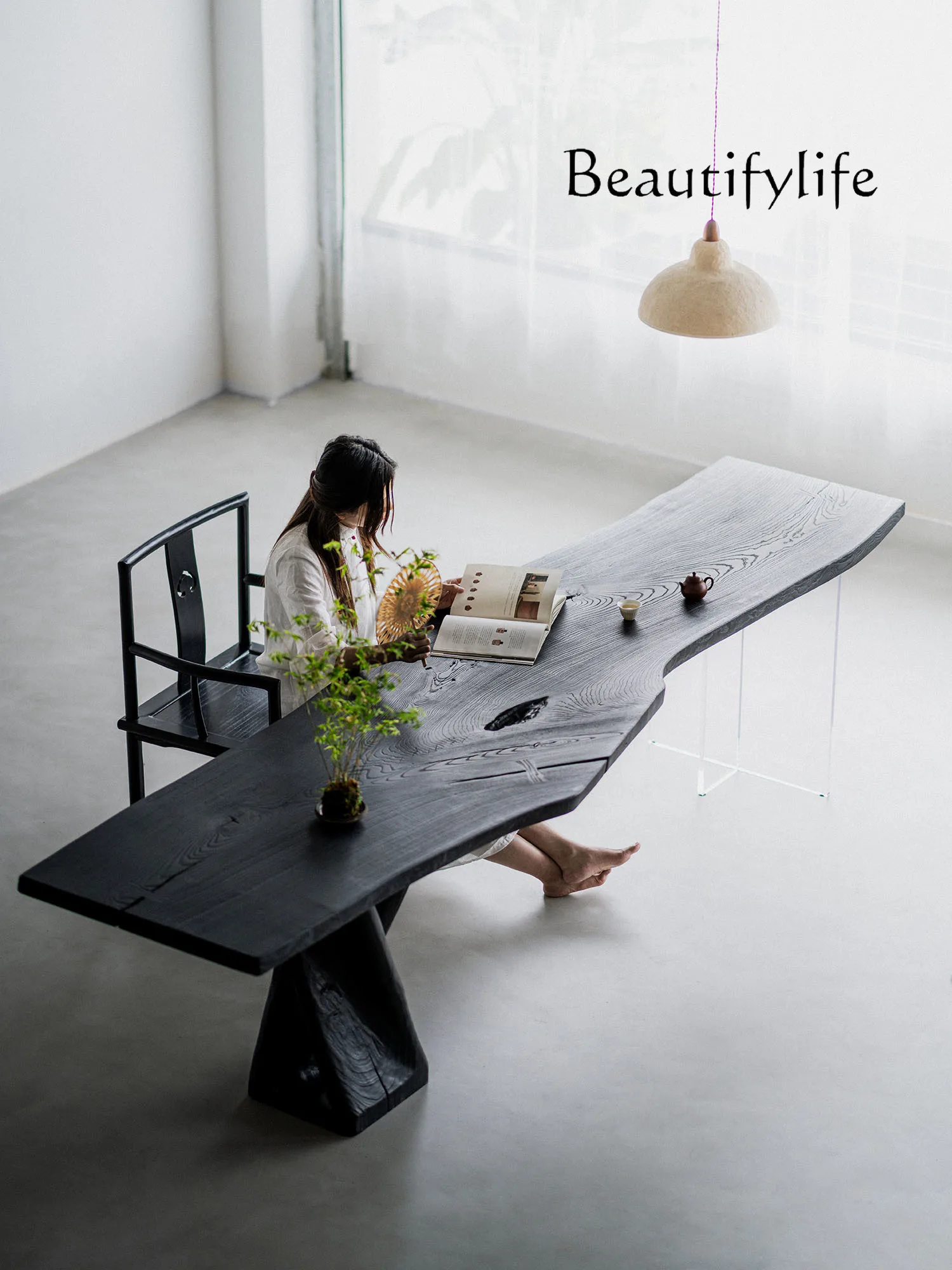 Silk Style Ash Carbonized Dining Table Log Shaped Household Tea Tray Minimalist Suspension Desk