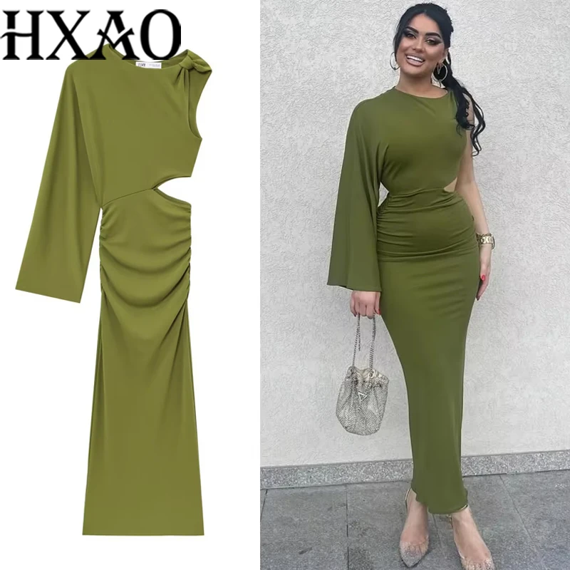 HXAO Green Midi Dresses 2025 Woman Summer Cut Out Party Dresses One Shoulder Long Sleeve Long Dress Women Sexy Prom Dress 088