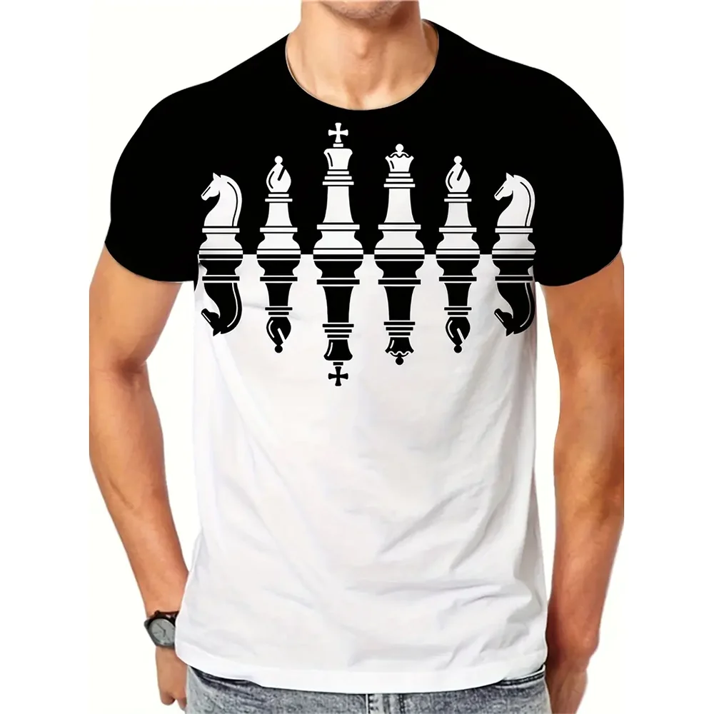 Chess Pattern Printed Men's Short Sleeve T-shirts Loose Casual Round Neck Top Fitness Sportwear T-shirts & Blouse Men's Pullover