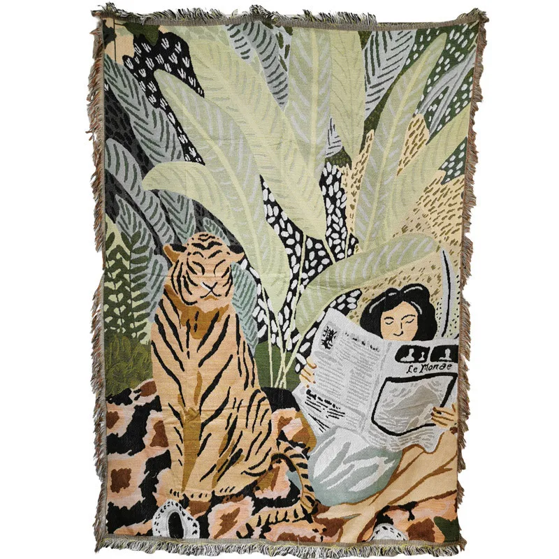 

Textile City Tiger with Girl Wall Tapestry Illustration Leaves Forest Blanket Home Sofa Cover Outdoor Camping Picnic Mat