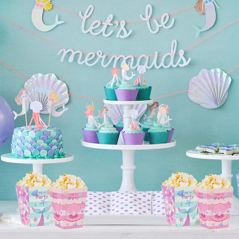 Caja de palomitas de maíz con diseño de sirena, cajas de embalaje para regalo de dulces con cola de sirena, suministros para fiesta de cumpleaños para niñas, Baby Shower, 6 uds.