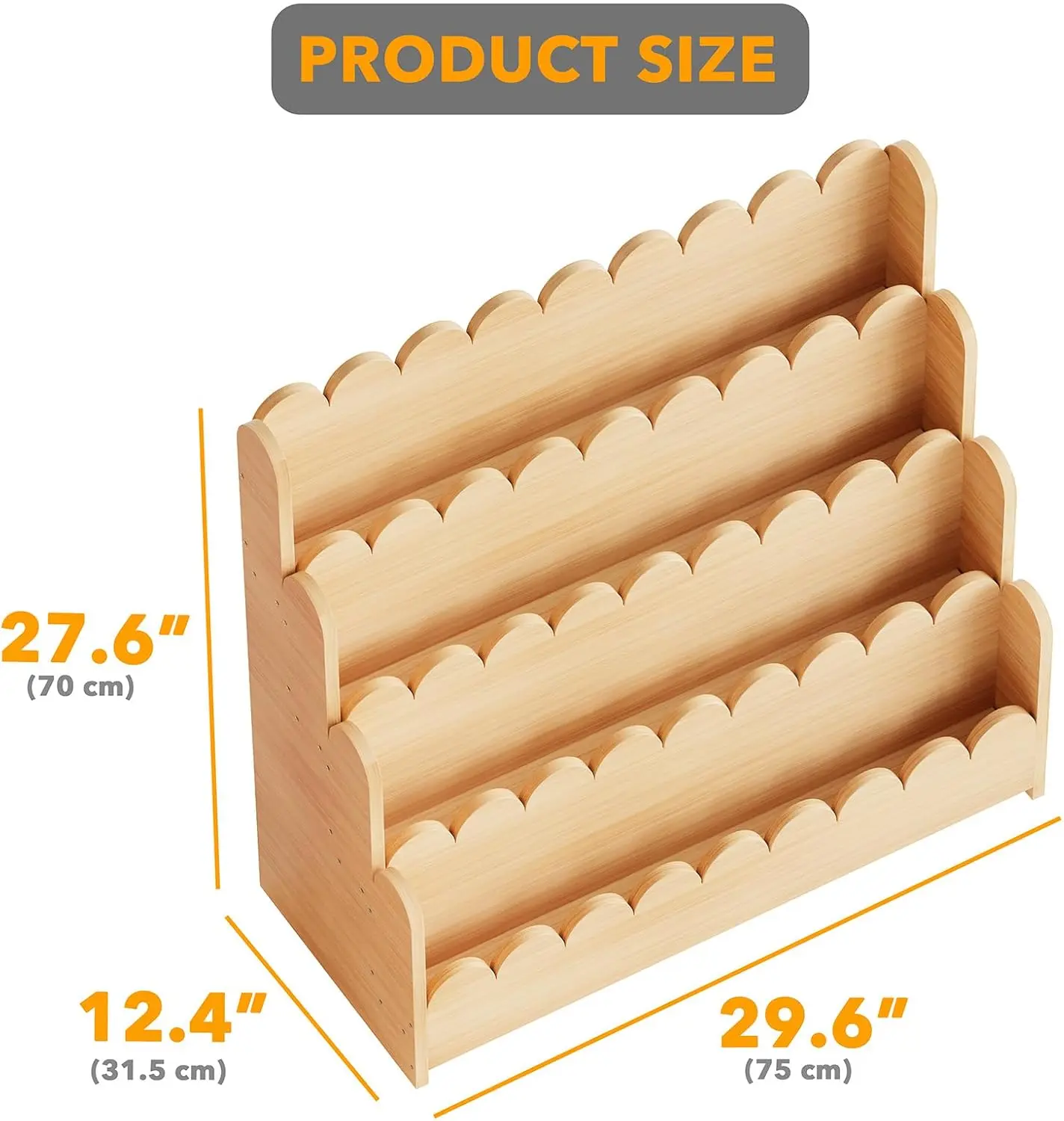 Wooden 4 Tier Scalloped Bookshelf Montessori Bookcase Toddlers Book Shelf Organizer Display Furniture Kids Rooms Playroom Nurser