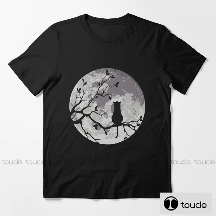 The Cat And The Moon Unisex Black Tshirt Men T Shirt Retro Graphic T Shirts 100% Cotton T-Shirt Man Woman Tees Tops Unisex