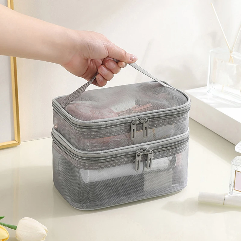 1Pc Mesh Makeup Bag Travel Cosmetics Storage Bag Travel Portable Large Capacity Double Layer Transparent Mesh Zipper Wash Bag