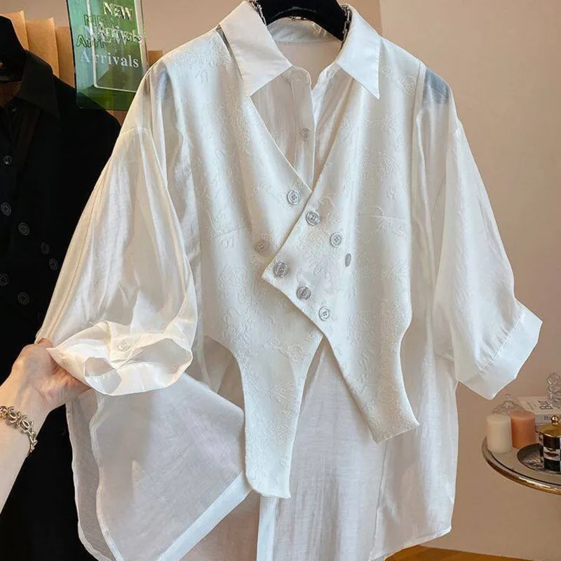 WVGA Summer New Man Tide Oversized Fake Two-piece Design Trendy Long Sleeve Shirt Niche Chic Casual Turn-Down Collar Tops W22183