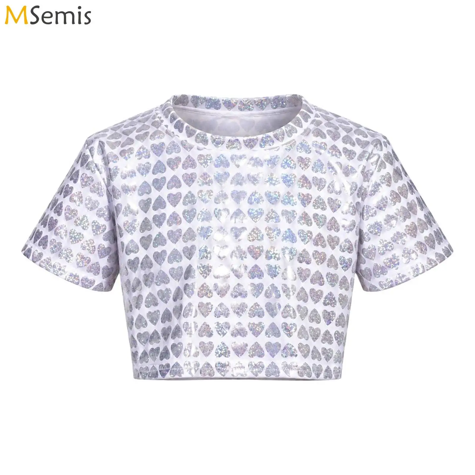 Kids Girls Short-sleeve T-shirt Disco Hip Hop Jazz Dancewear Metallic Round Neck Heart Print Crop Top Stage Performance Costume