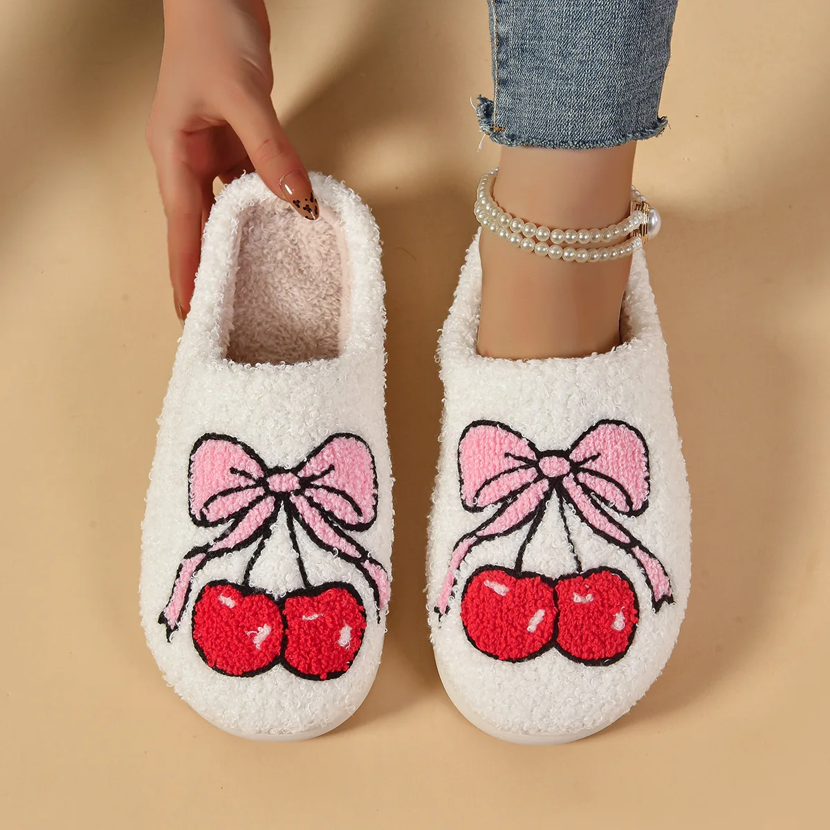 

Женские теплые пушистые домашние тапочки без шнуровки с милым бантом и вышивкой, рождественский праздничный подарок на день Святого Валентина зимой