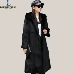 Real Rabbit Fur Coat for Women,High Quality Jackets,Covered Button Overcoat,Hooded,Thick Warm,Female Clothing,New, Winter,2024