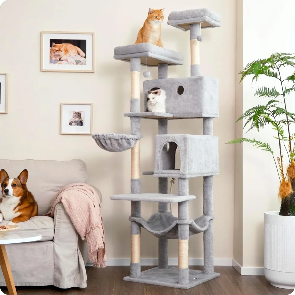 

Cat Tree, 73.6 inch Tall Cat Climbing Tower for Large Cat Indoor with 2 Large Condos, 2 Widened Perches, Sisal Covered S