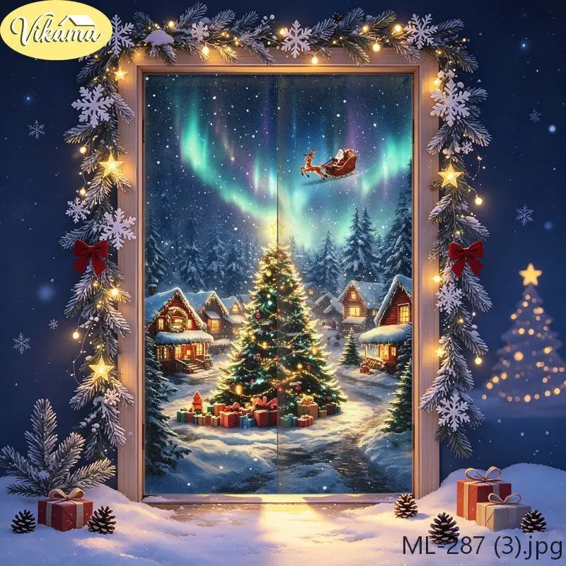 VIKAMA Christmas Aurora Town Tree Santa Flying Door Curtain Northern Light Night Sky Claus Sled Winter Village Gift Holiday Soft
