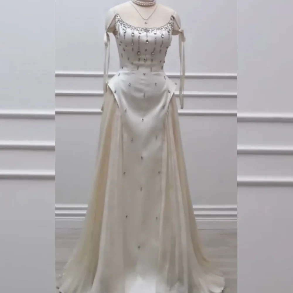 

Customized Modern Style Charmeuse Sequined Pleat A-line Off-the-shoulder Long Dresses Bespoke Occasion Chinese
