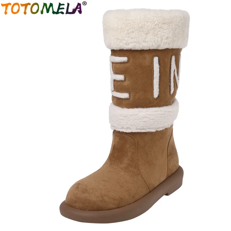 TOTOMELA Suede Snow Boots Women Shoes Slip On Nature Wool Warm Winter Boots Fashion Ladies Comfortable Mid Calf Half Boots Shoes