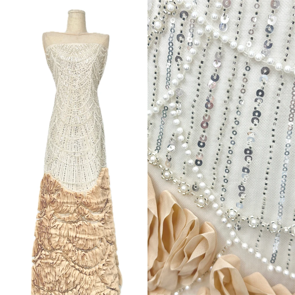 

2026 Latest African Beaded Lace Fabric Embroidery 2 yards French Mesh Sequins Lace Fabric Nigerian Tulle Lace for Party