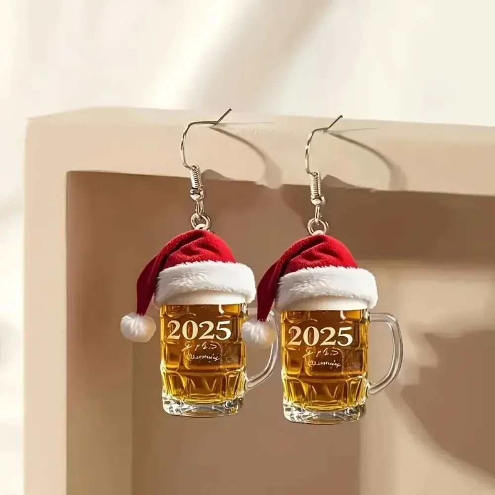 New 2025 Fashion Acrylic Red Christmas Hat Earrings 2D Flat Beer Cups Pendant Holiday Party Atmosphere Women's Jewelry Gifts