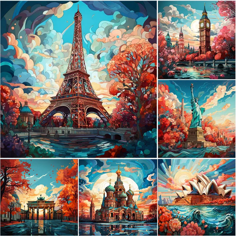 5D-Diamantgemälde zum Selbermachen, weltberühmte Gebäude, Frankreich, Eiffelturm, Big Ben, volle runde Bohrer, Kreuzstich-Set, Mosaik, Heimdekoration