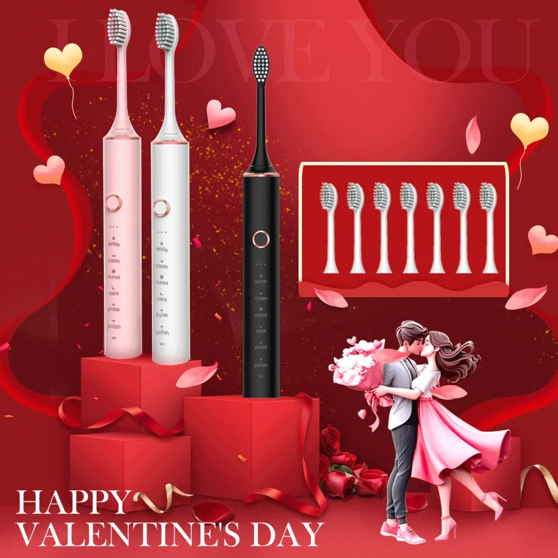 

N100 Sonic Electric Toothbrush Adult Timer Brush 6 Mode USB Charger Rechargeable Tooth Brushes Replacement Heads Set Valentine