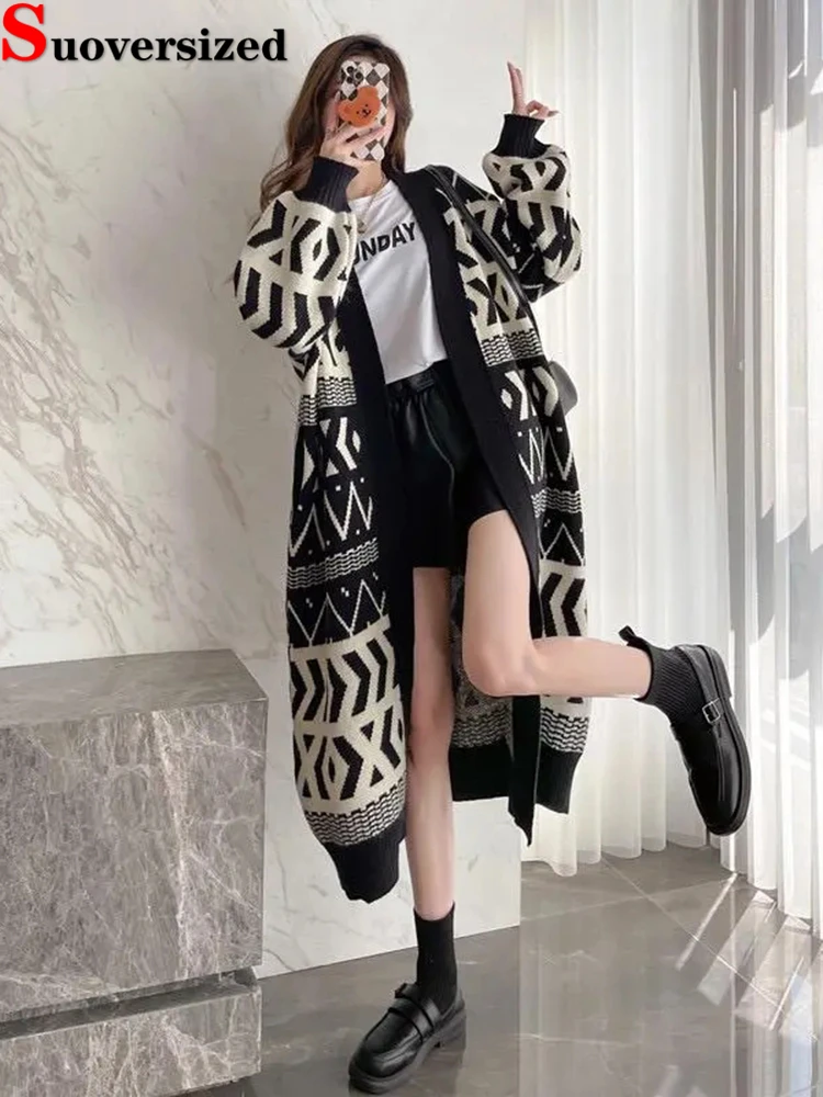 Long Knitted Cardigan Women's Print Spring Fall Korean Elegant Sweater Coats Casual Oversize 70kg Loose Soft Knitewear Outwears