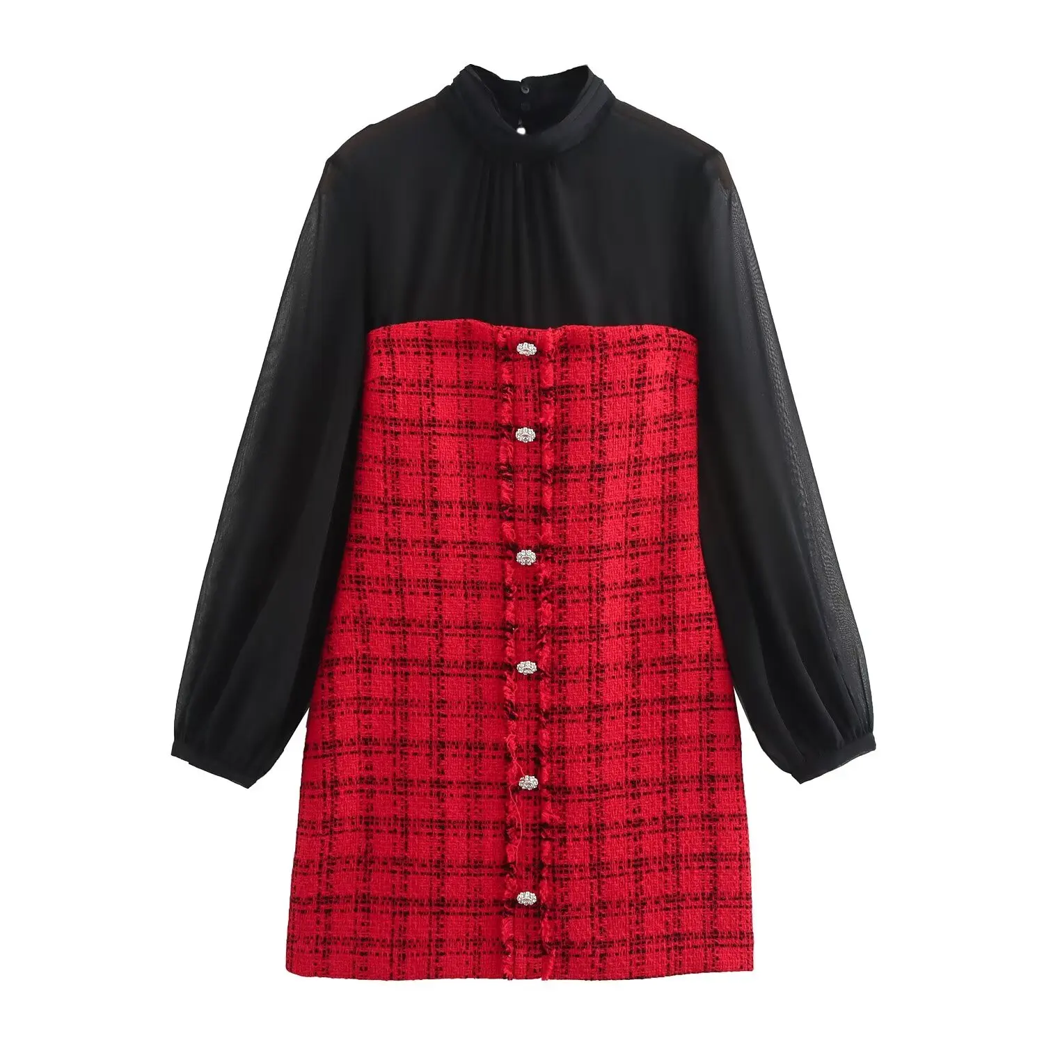 HH TRAF 2024 Women's Long Dress Red Plaid O-Neck Long Sleeves Single Breasted Decoration Zipper Autumn Dress Woman Trendy