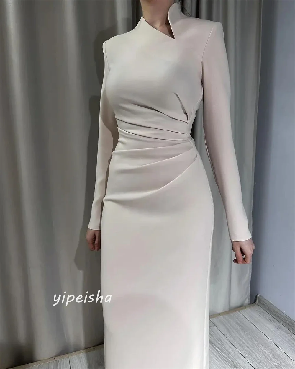 Customized Exquisite	Fashion Satin Pleat Engagement Sheath High Collar Bespoke Occasion Gown Midi Dress