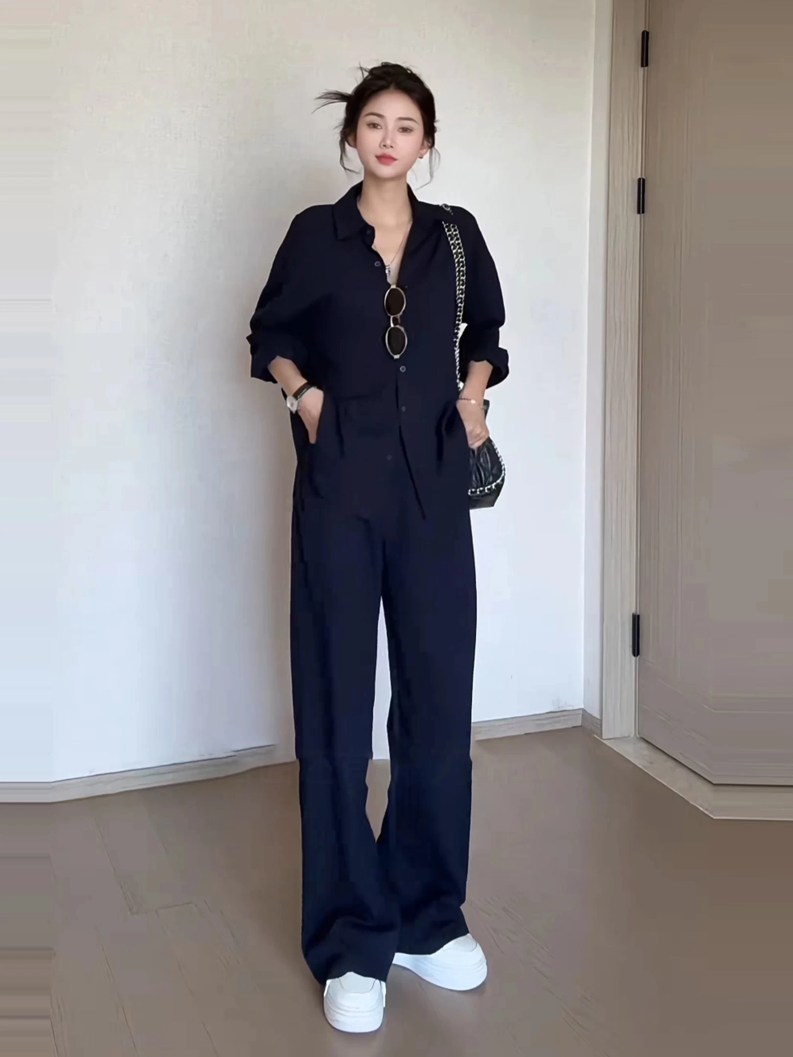 plus Size Retro Simple Summer Outfit Set Women's Long Sleeve Shirt Straight Leg Pants Two Piece Set Breathable Lightweight Ca...