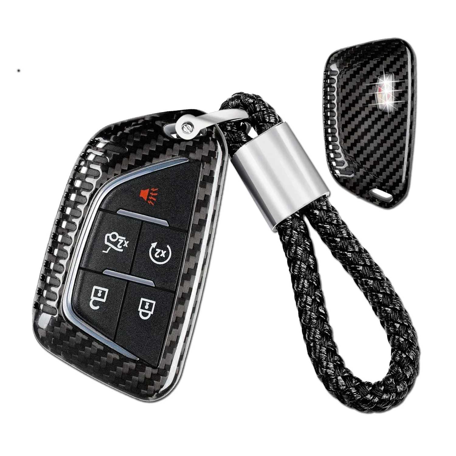 

Real Carbon Fiber Key Fob Case Cover Shell Protector With Keychain For Cadillac Escalade CT4 V Cadillac CT5 Sport (BLACK))