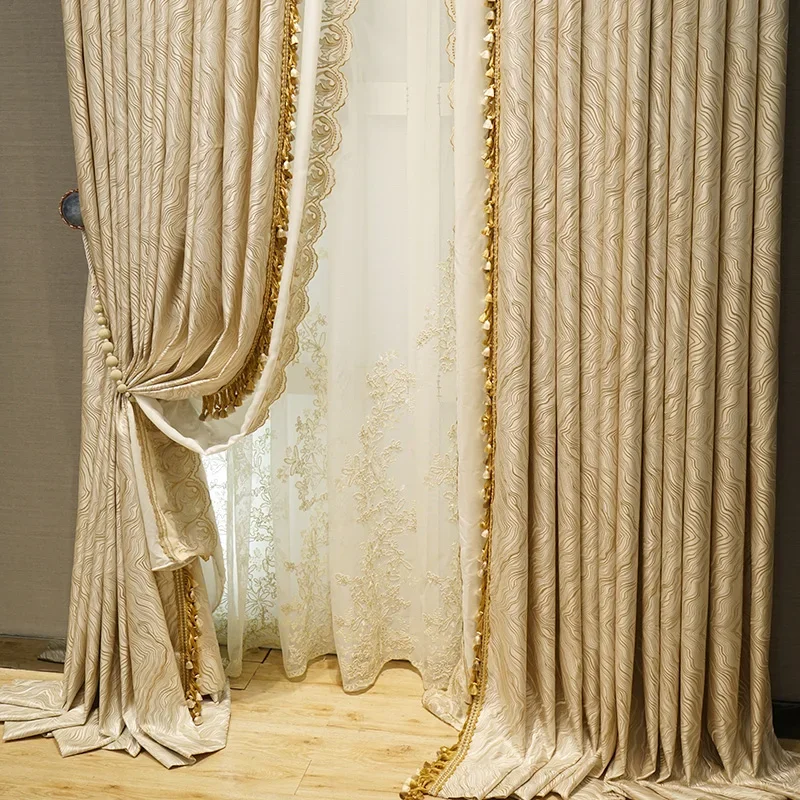 European High-grade Jacquard Lace Stitching Blackout Curtains for Living Room and Bedroom Customized Products